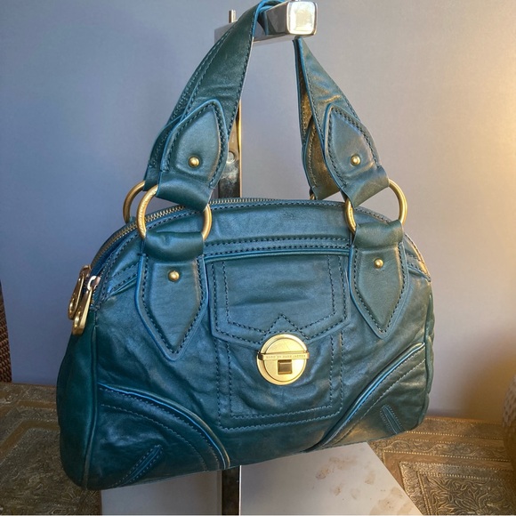 Marc by Marc Jacobs satchel leather plaid lining compartments green gold - Picture 3 of 16